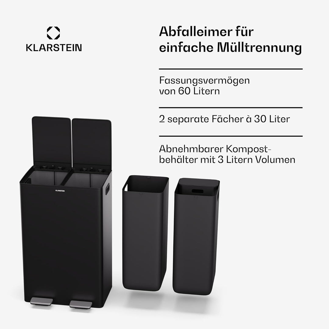Klarstein EcoVista Mülleimer - 60L Abfalleimer mit 2 Fächern &amp; 3L Kompostbehälter, Soft-Close, Edels