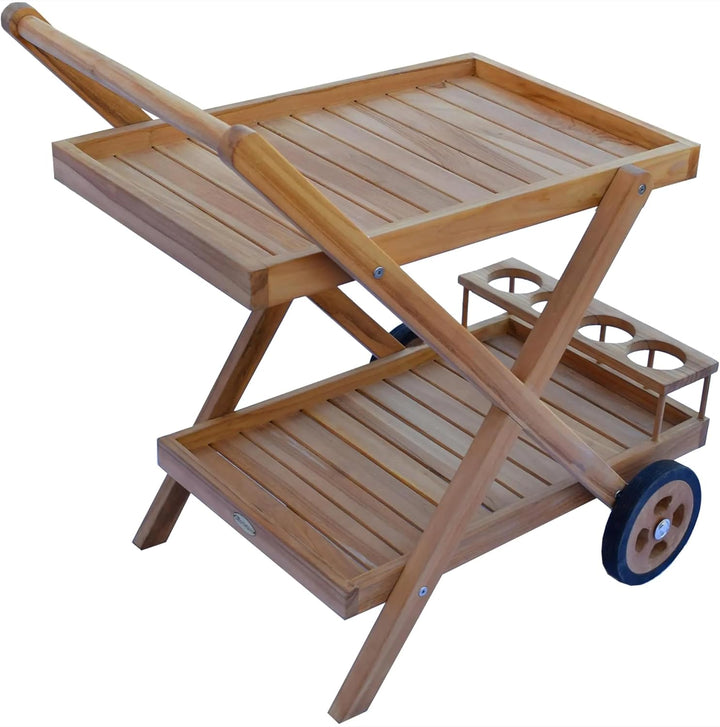 Servierwagen Teakholz Teramo mit 2 Ablagen Massivholz Wetterfest, 70 x 45 x 60 cm, Rollwagen, für Au