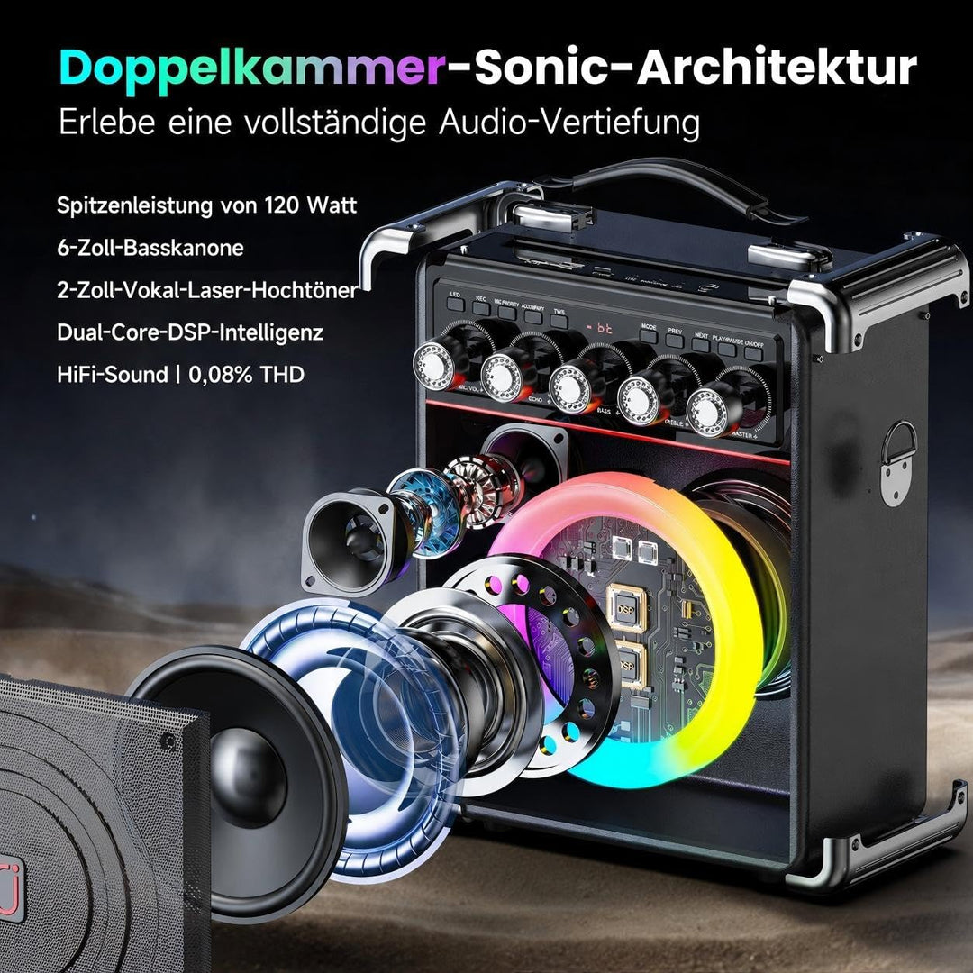 JYX Karaoke Maschine mit 2 drahtlosen Mikrofones, Tragbaren Karaoke Anlage Lautsprecher mit RGB-Lich