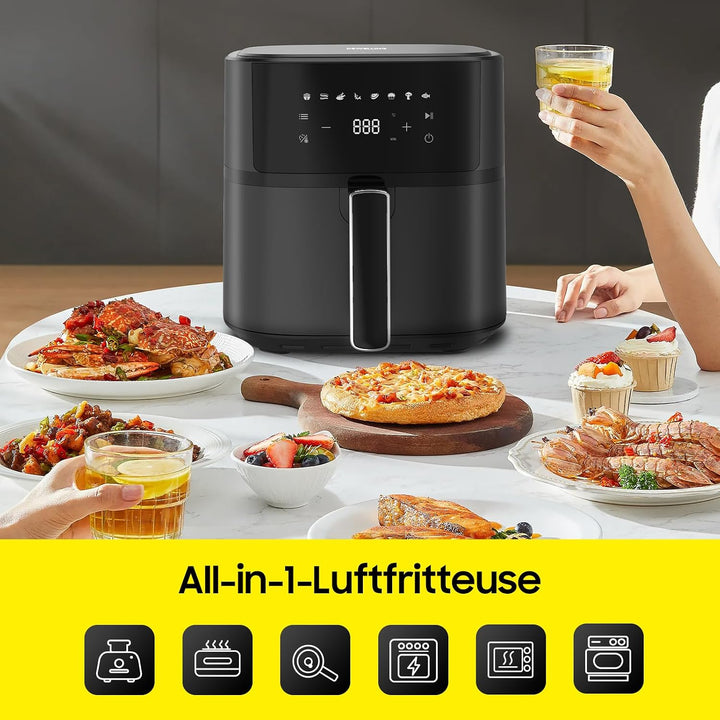 Heissluftfritteuse 6,5L XL, 1700W Airfryer mit 8 Programmen, LED Touch Display, 80–200 °C, Metall-In