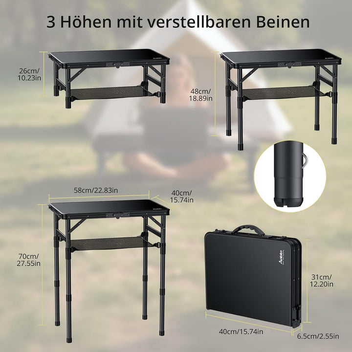 Anbte Campingtisch Klappbar 58x40cm Aluminium-Rahmen &amp; Kunststoff-Tischplatte mit 3 Höhen Verstellba
