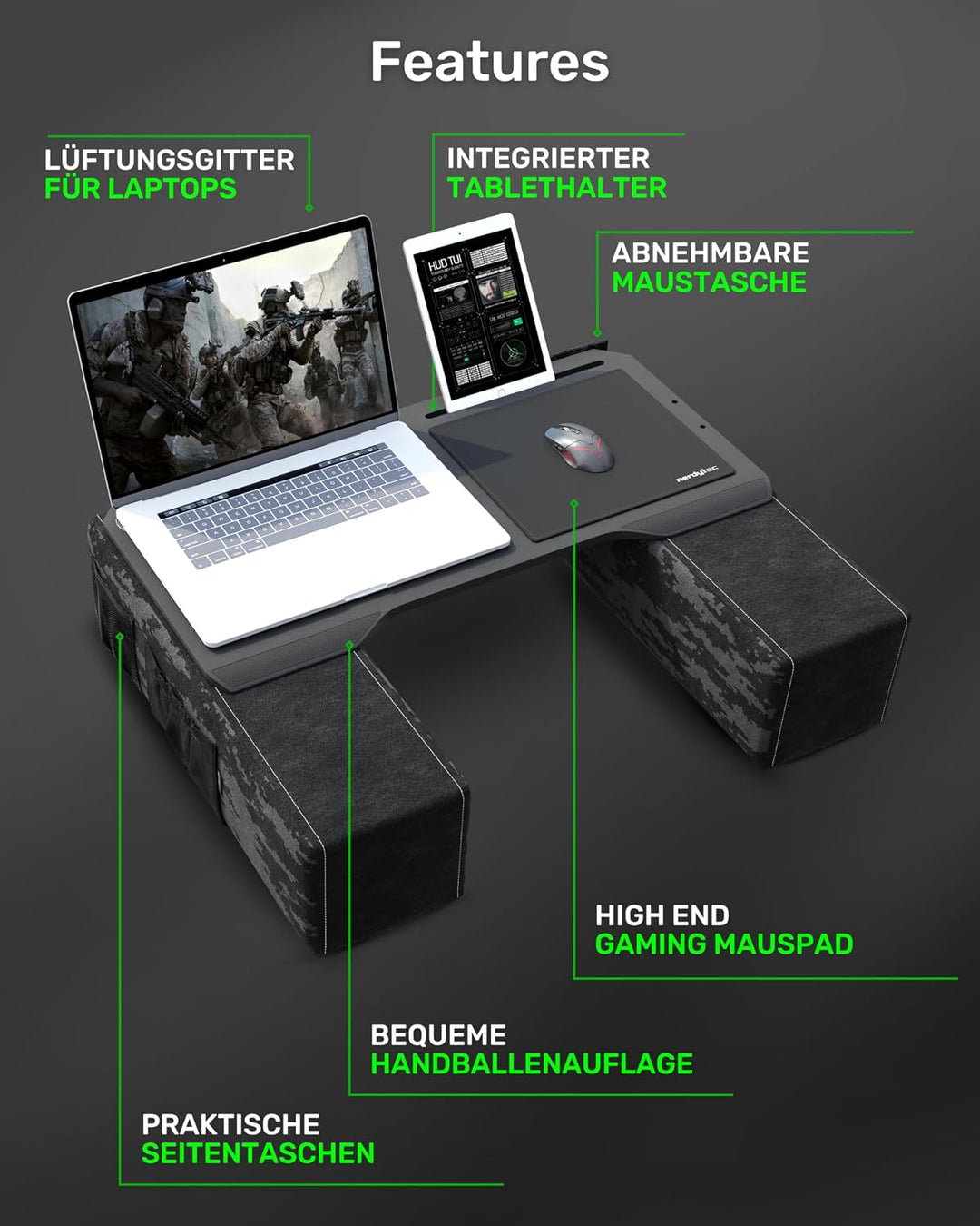 Couchmaster® CYBOT (Ergonomisches Lapdesk für Notebooks oder Wireless Peripherie, inkl. Kissen, geei