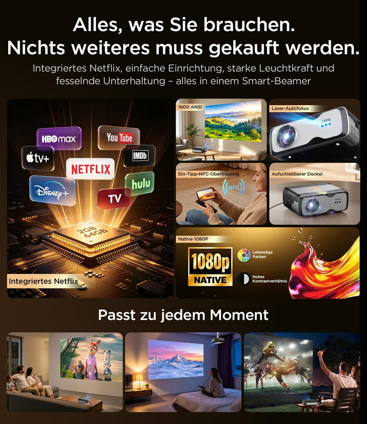 Tragbarer Smart Beamer 1080P mit 4K-Unterstützung, 1800 ANSI, WiFi 6 &amp; Bluetooth 5.4, 35W Dolby Audi