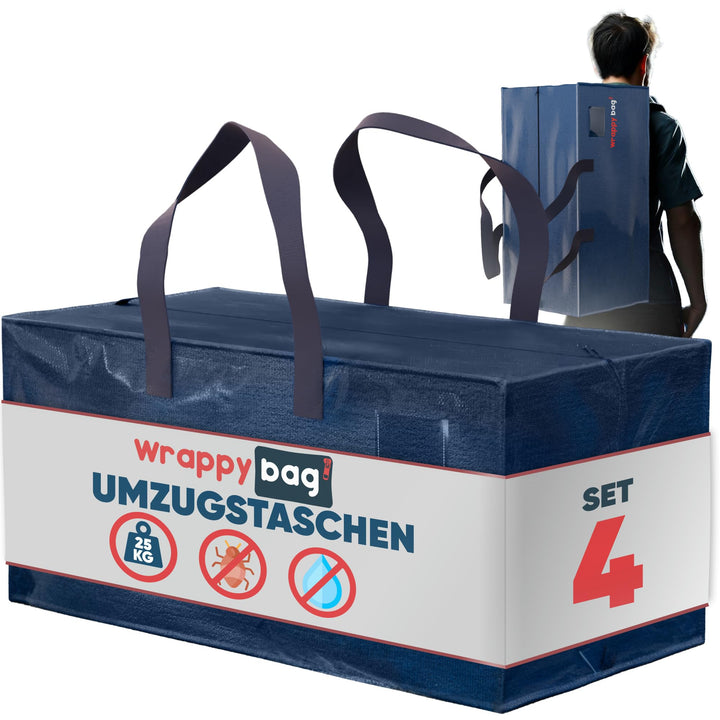 WRAPPYBAG 4er-Set Grosse Kunststoff-Aufbewahrungstaschen – Jumbo XXL Umzugstaschen – Wasserdicht, St