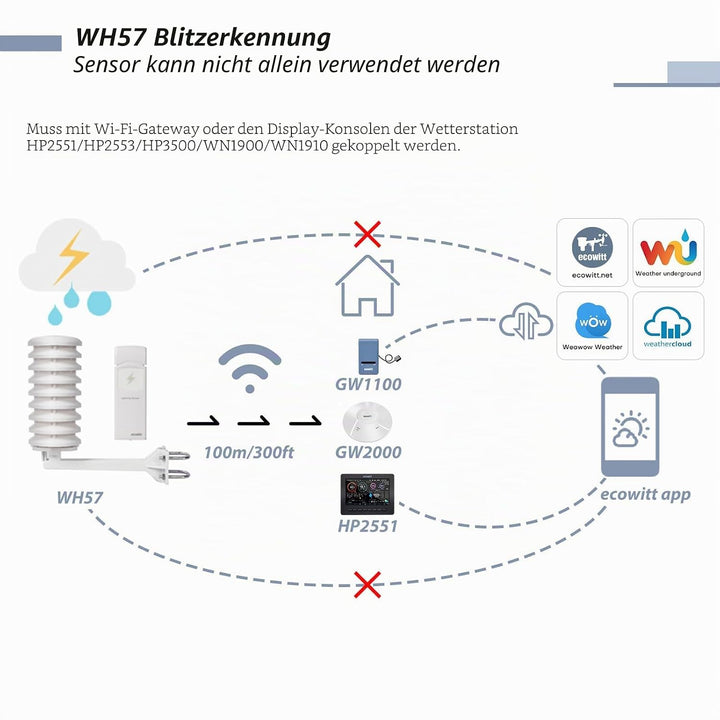 Ecowitt Wireless Lightning Detector Sensor WH57, Wetterstation Aussensensor für Ecowitt Ecosystem, n