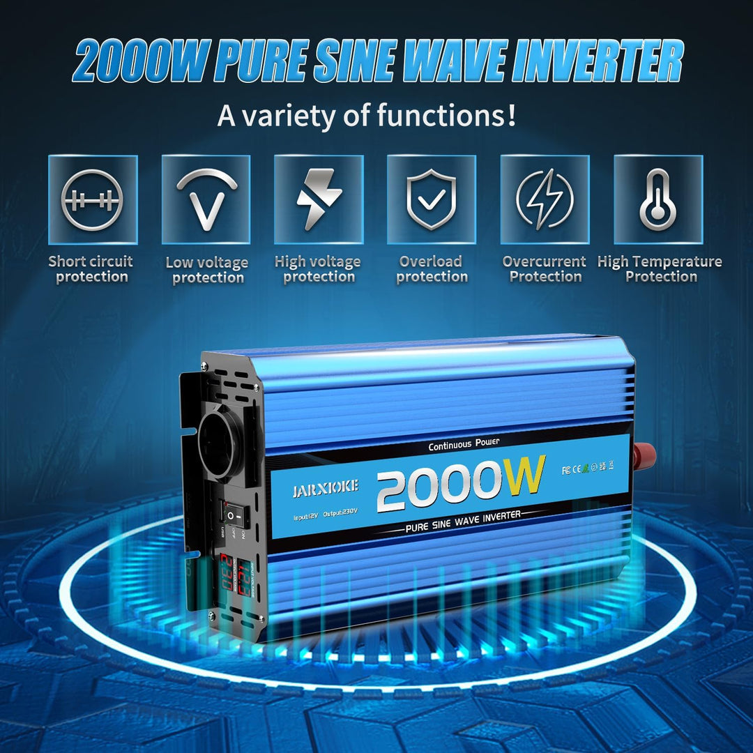 Wechselrichter 2000W Reiner Sinus Spannungswandler 12V auf 230V Power Inverter DC Umwandler mit 2 AC