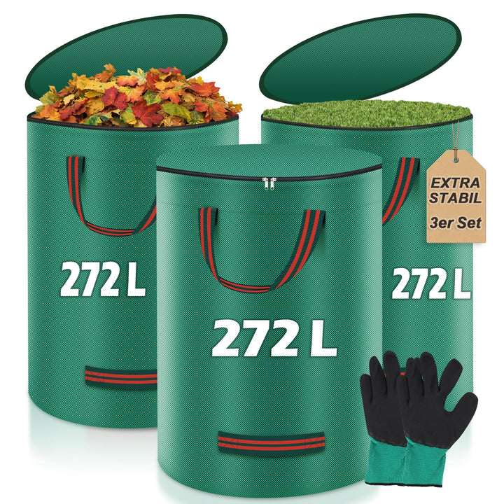 Miaglury 3X 272L Gartenabfallsack Stabil mit Deckel &amp; inkl. Handschuhe - Gartensack Laubsack Gross,