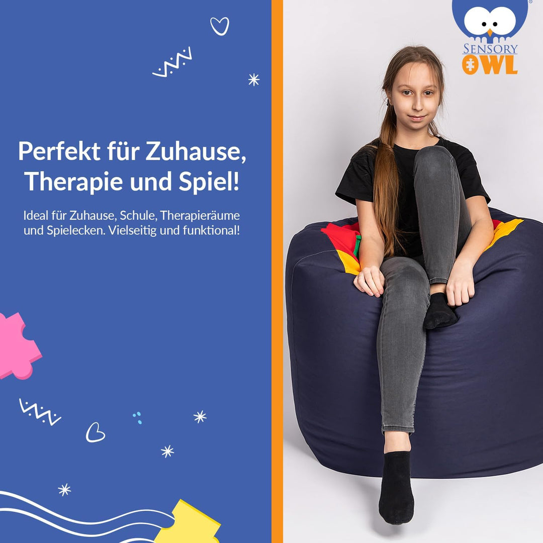 Sensory Owl Sensorischer Tunnel Pouf Mit Füllung 2in1 Für Kinder 90 x 70 cm Sitzkissen Sinnestunnel