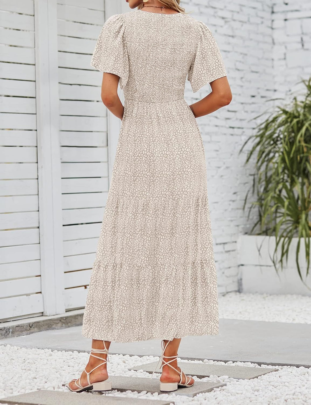 ZESICA Damen 2023 Sommer Casual Blumendruck Kurze Flatterärmel Rundhalsausschnitt Gesmokt Hohe Taill