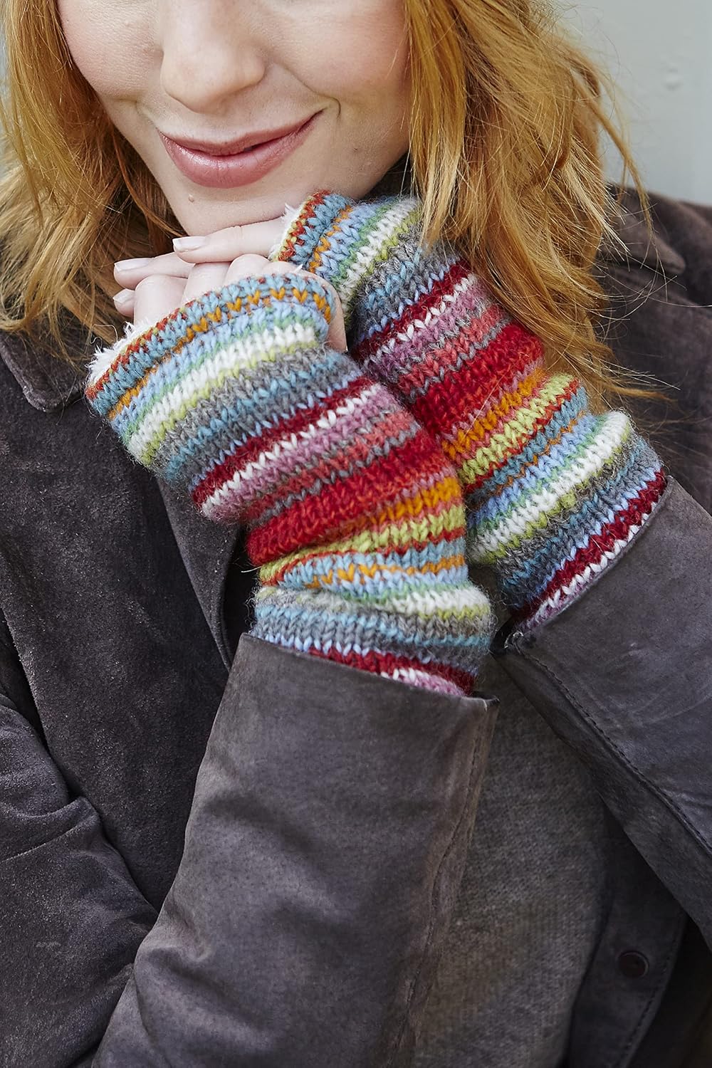 Damen Wolle Handwärmer Sherpa Fleece gefüttert Handgestrickt Mehrfarbig Streifen Einheitsgrösse Hand