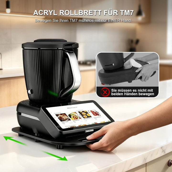 Gleitbrett für Thermomix TM7 mit 360° Gleitrollen Glattem Teflon, Schwarz