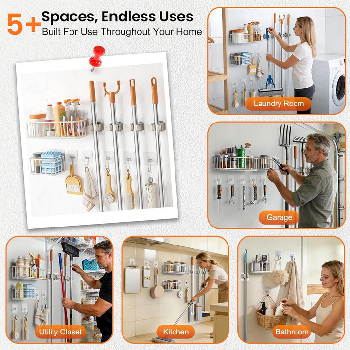 Besenhalterung Wand Ohne Bohren mit 4 Halter+5 Klebehaken +2 korb