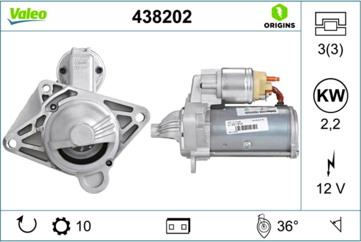 VALEO 438202 Starter Nennleistung: 2,2 kW Stop &amp; Start: NO Zähnezahl: 10 zähne Spannung: 12 V Drehri