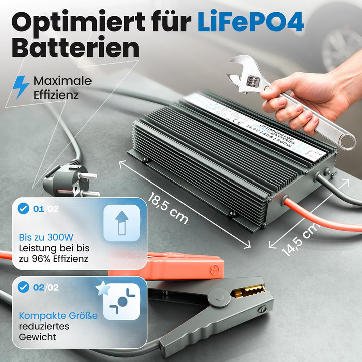 12V Batterie-Ladegerät LiFePO4 14,6V 40A 600W | Optimiert für Lithium-Eisenphosphat-Akku | Auto-Batt