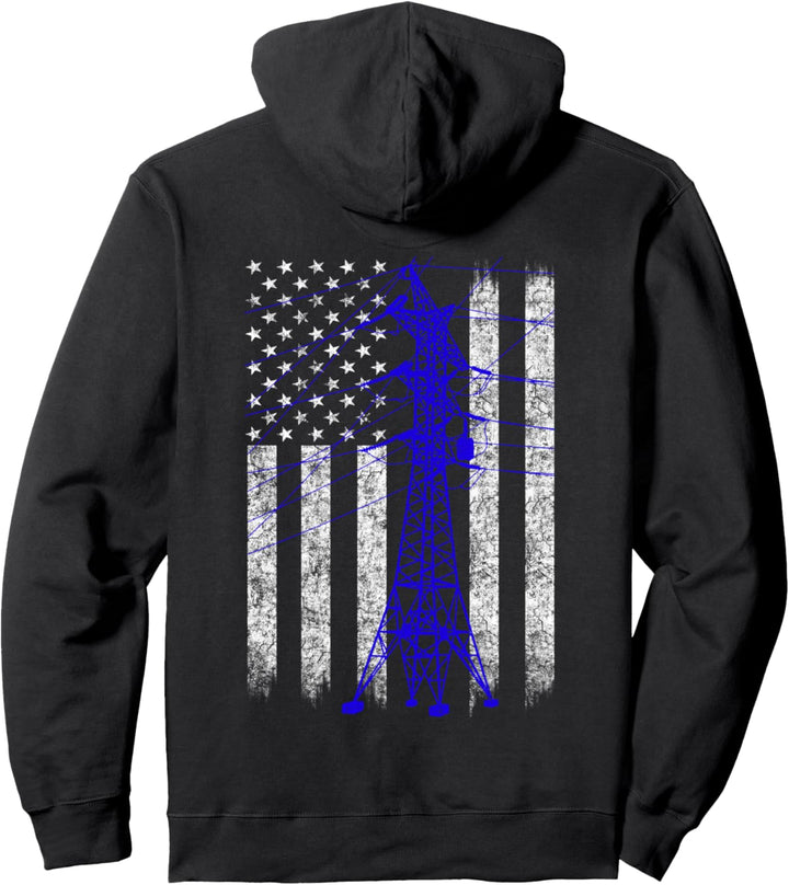 Blue Transmission Tower American Flag Lineman Electrician Pullover Hoodie