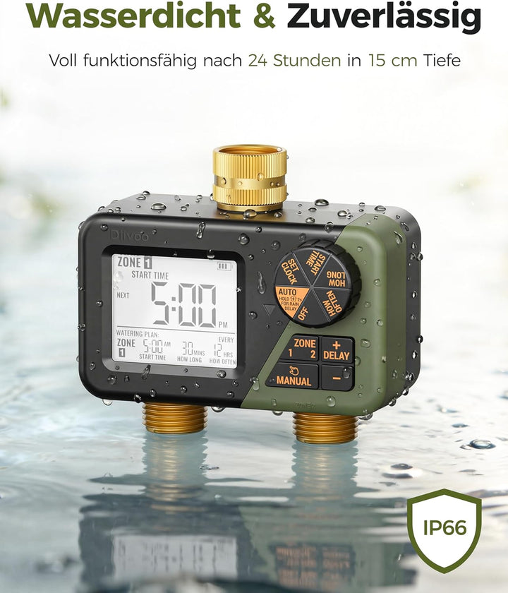 Diivoo Bewässerungscomputer 2 Ausgänge, Programmierbare Wasserschlauch Timer 2 Outlet für Garten, Ou
