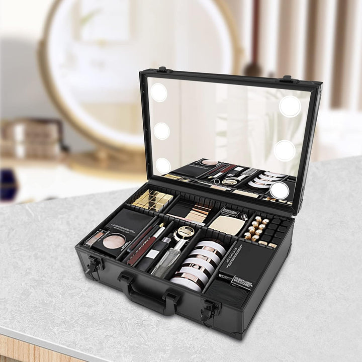 Make-up Koffer mit Lichtern und Spiegel | Grosser Organizer mit individuellen Trennwänden | Tragbare