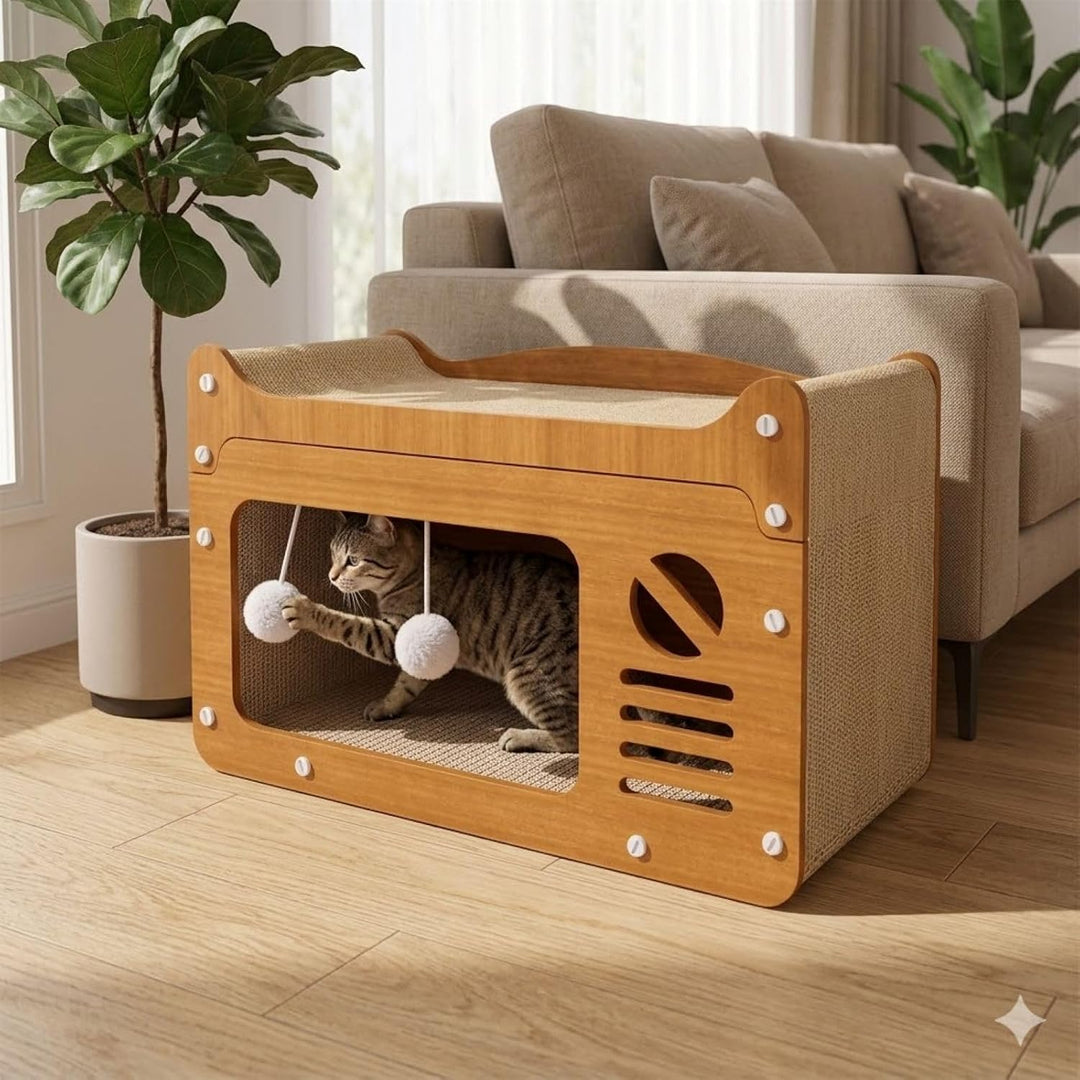 Katzenkratzhaus aus Holz im TV-Design Gelb mit Spielball – 2-in-1 Katzenhaus &amp; Kratzmöbel, Robustes