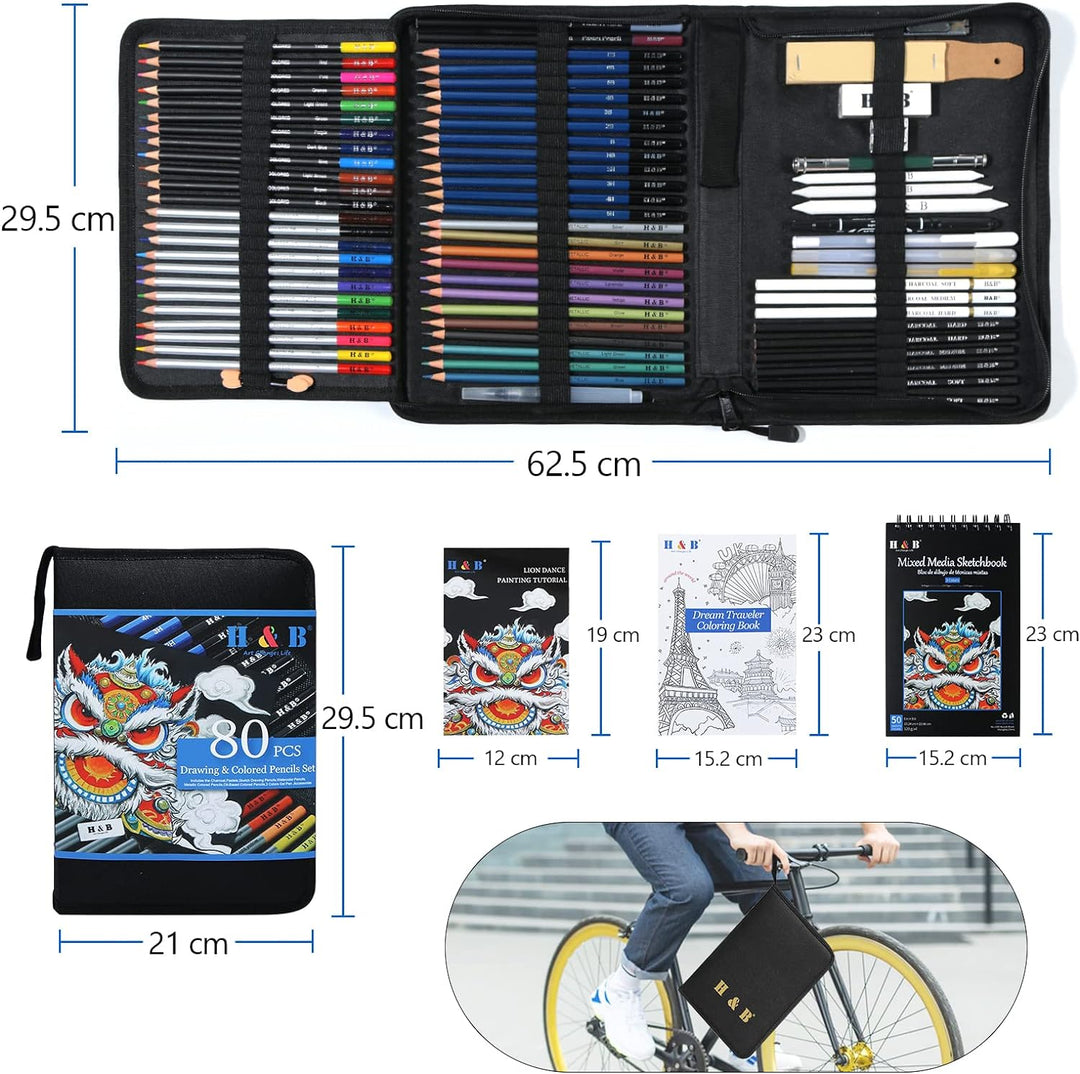H &amp; B 80 Stück Zeichenstifte Set, Skizzierstifte Set, Professionelle Zeichenset mit Malbuch,3 Farben
