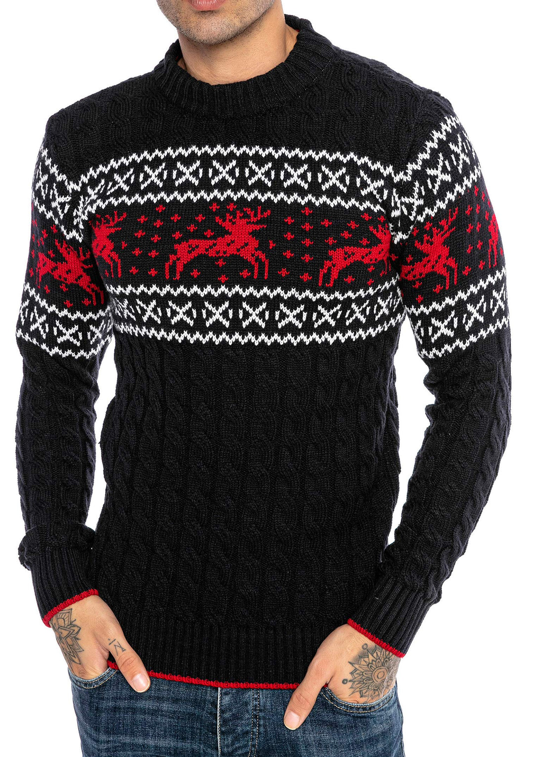 Red Bridge Herren Strickpullover Norweger Pullover Slim-Fit Plait Reindeer M Blau, M Blau