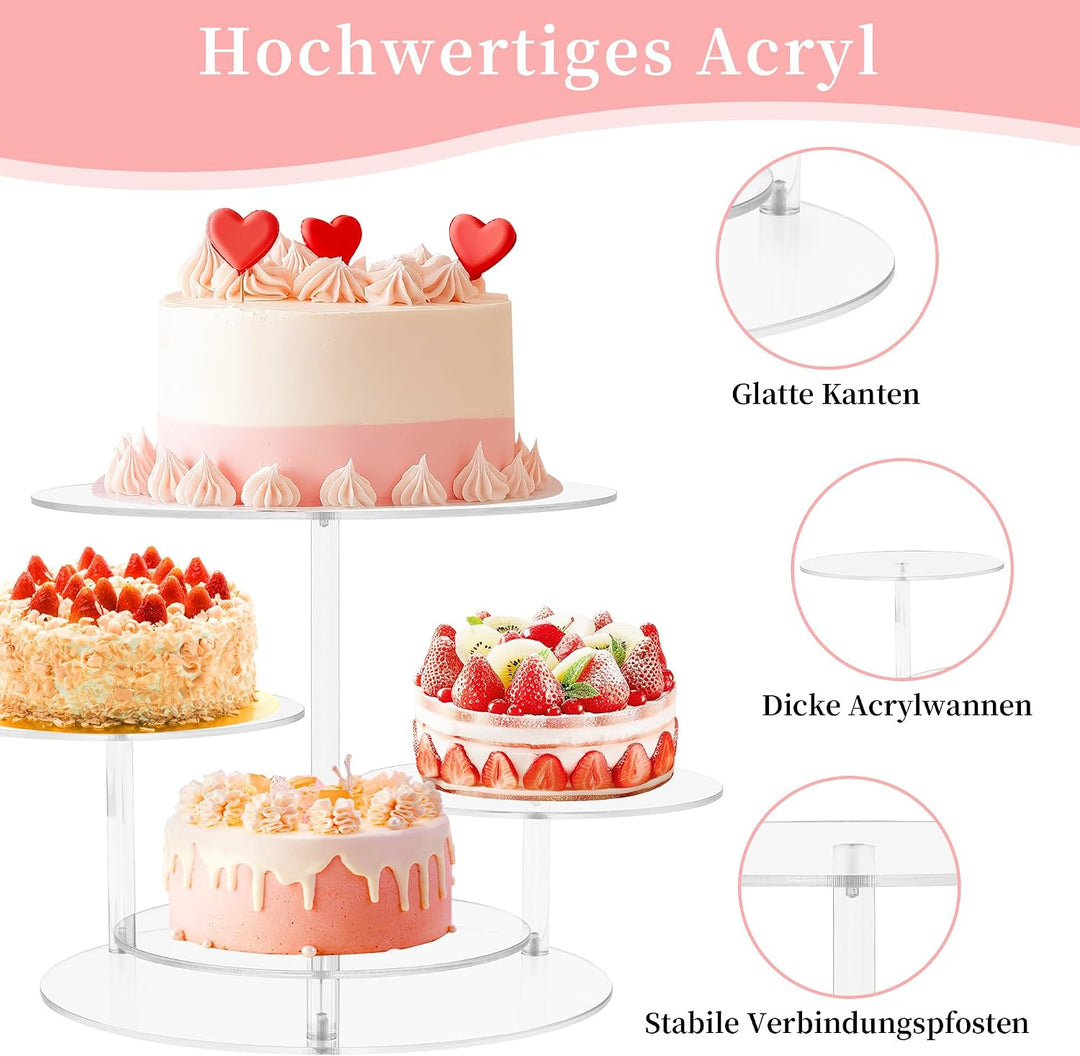ohbien 4 Etagen Kuchen und Cupcake Ständer, Acryl Rund Tortenständer | Transparent für 8-12 Inch Kuc