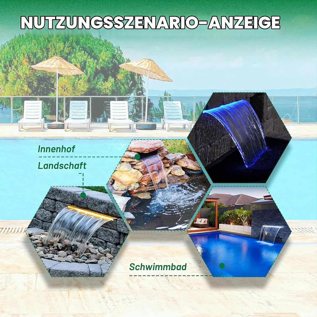 LONGRUN 30cm Teich Wasserfall Klingen Set, 304 Edelstahl Gebogener Wasserfall mit 7 Farben LED und F