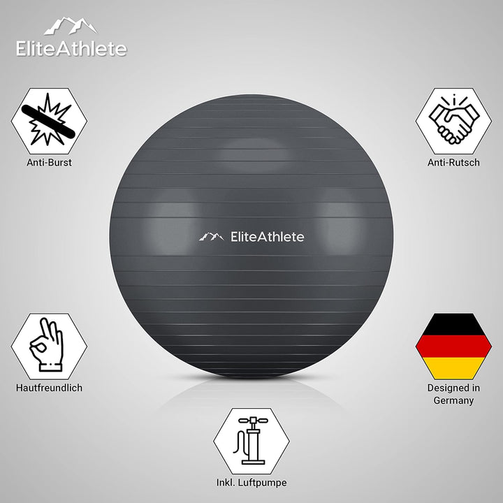 EliteAthlete Gymnastikball Sitzball Büro ergonomisch mit Anti Burst System - Fitness Pilates Schwang
