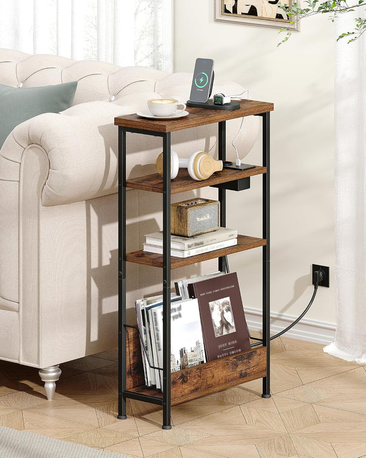 Hzuaneri Beistelltisch Schmal, 4-Stufiger Beistelltisch Couch mit Zeitschriftenhalter und Ladesteckd