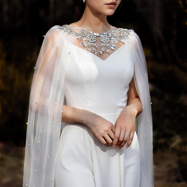 Wedding Shawl Pearls and Rhinestone Capes Soft Tulle Bridal Scarf Evening Shawl Wedding Wraps Off Wh