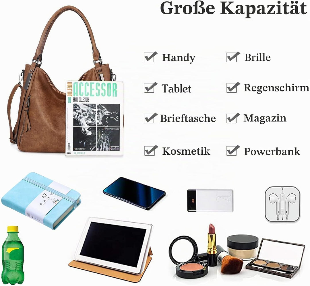 FANDARE Grosse Handtasche, Damen, Schultertaschen, PU-Leder, wasserdicht, für Einkäufe, Party, Schul
