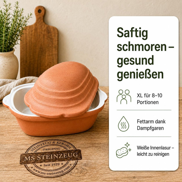 TerraStone XL Gänsebräter oval mit Deckel, 45 x 27 cm, Terrakotta, Gänsebräter