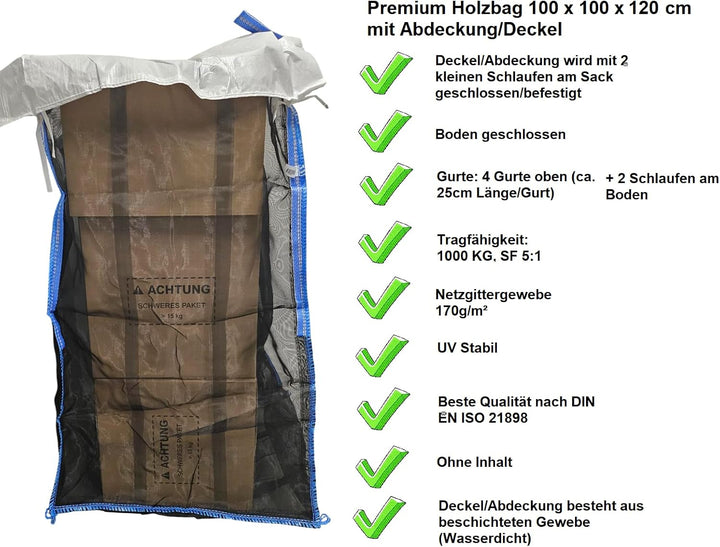 Woodbag Holz Big Bag Netzgewebe geschlossener Boden 45x45x60 cm I 80x80x80 cm I 100x100x100/120/140/