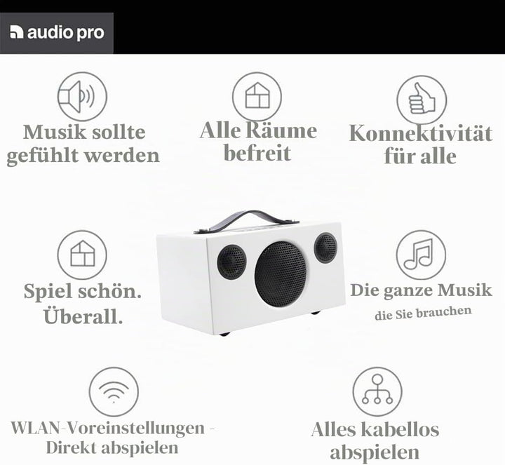 Audio Pro Addon T3+ White - Tragbarer Lautsprecher mit Bassreflexbox, Bluetooth &amp; WiFi - Kabelloser
