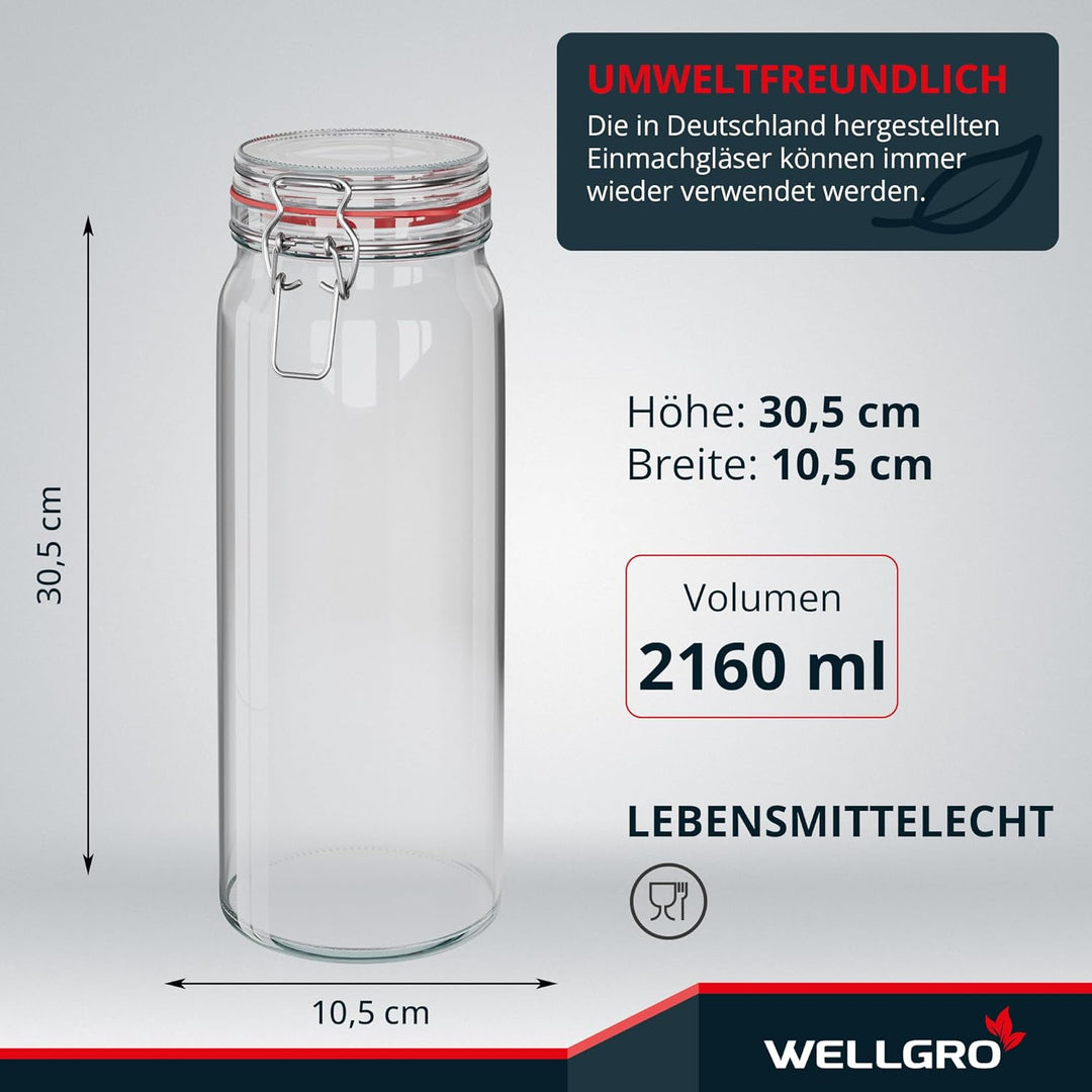 WELLGRO 3x Einmachgläser mit Bügelverschluss rund 2160ml, Fermentierglas, Vorratsgläser mit Deckel -