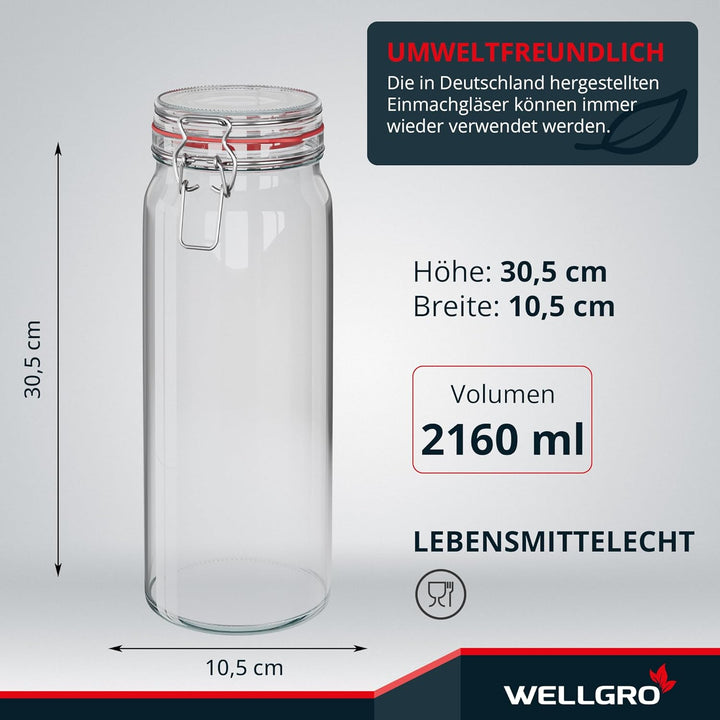WELLGRO 3x Einmachgläser mit Bügelverschluss rund 2160ml, Fermentierglas, Vorratsgläser mit Deckel -