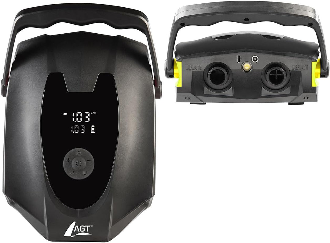 AGT SUP Akku Pumpe: 2in1-Akku-Kompressor- &amp; Schlauchboot-Pumpe, 50 psi /3,4 bar, 12V / USB (Luftpump