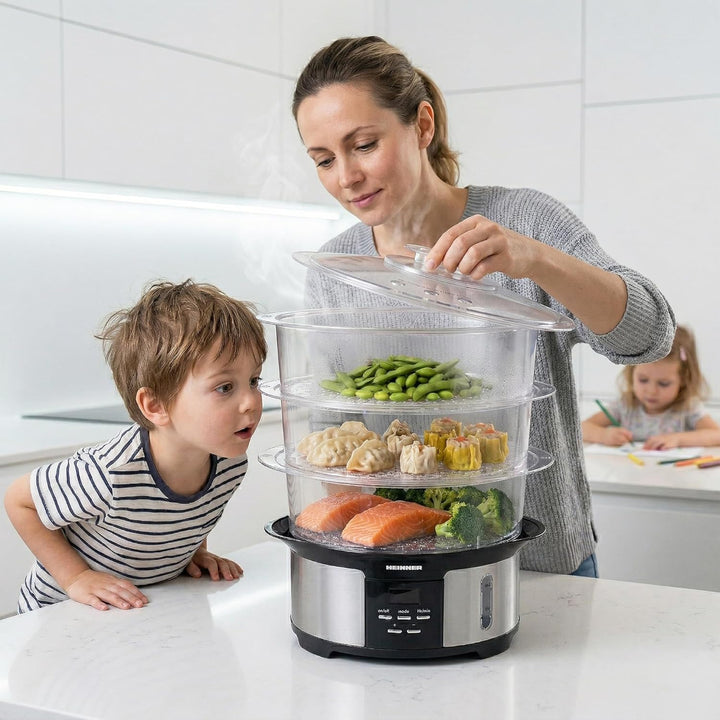 ONE STEAM Dampfgarer 12 L – 3 Etagen, 5 Garprogramme &amp; Startvorwahl bis 12 Std für komplette Mahlzei