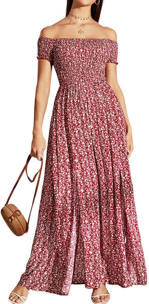 Sommerkleid Damen Lang Off Shoulder Maxikleider für Damen Blumenrock Schlitz Kleider Strandmode L Ro