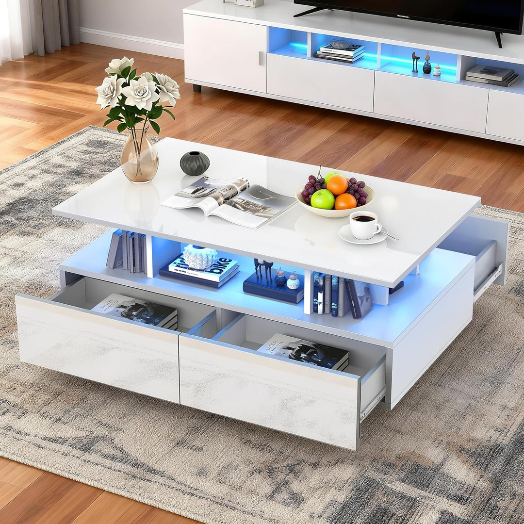 Couchtisch Weiss, Wohnzimmertisch Hochglanz mit 5v-USB-LED-Lichtleiste Beleuchtung Modern, Sofatisch