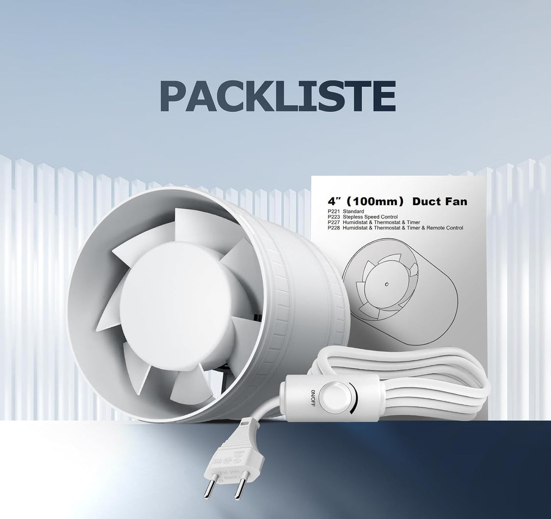 Rohrventilator 100 mm Regelbare Geschwindigkeit, 145m³/h Rauchabzug Ventilator, Rohrlüfter Leise mit