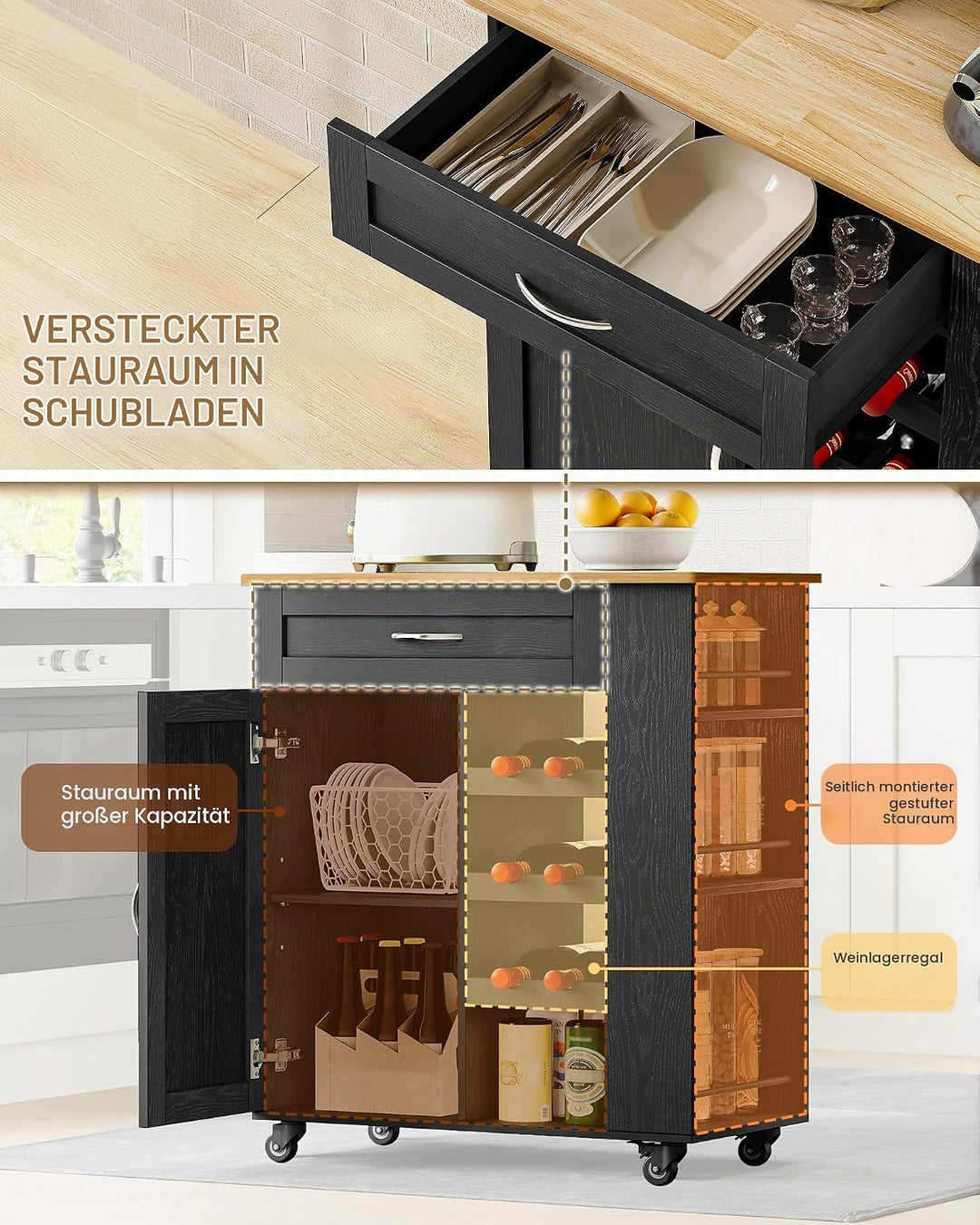 Hzuaneri Servierwagen, Küchenwagen Mit Rädern, 68 × 86 × 40 cm, Schwarz | Weinregal, Kücheninsel, Ko