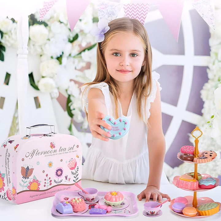 Teeservice Kinder, 46 Teile Puppengeschirr Kinderküche Tin Teekanne Set, Spielküche Zubehör für Kind