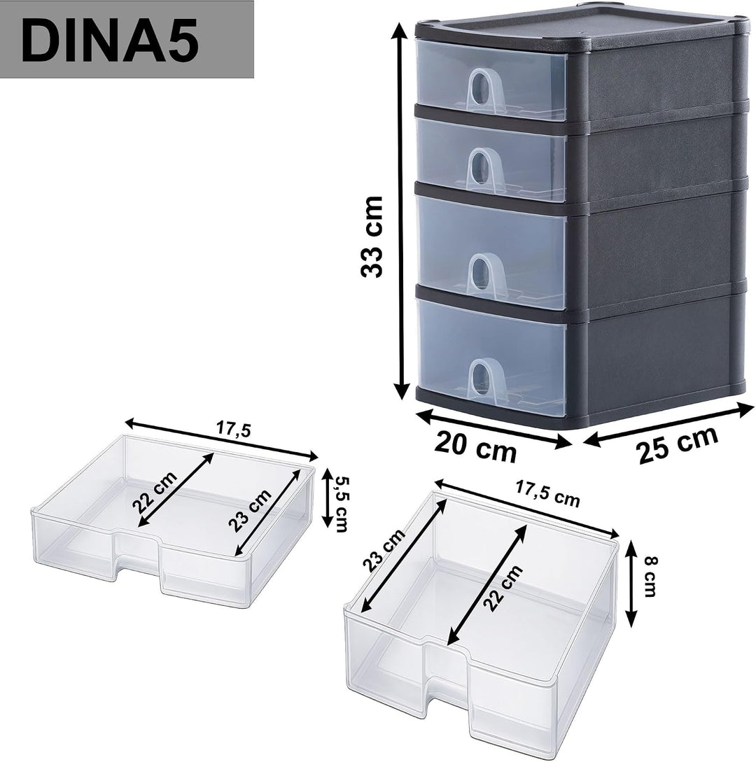 Schubladenbox mit 4 Schubladen 20x25x33cm DINA5 schwarz-transparent Drawer