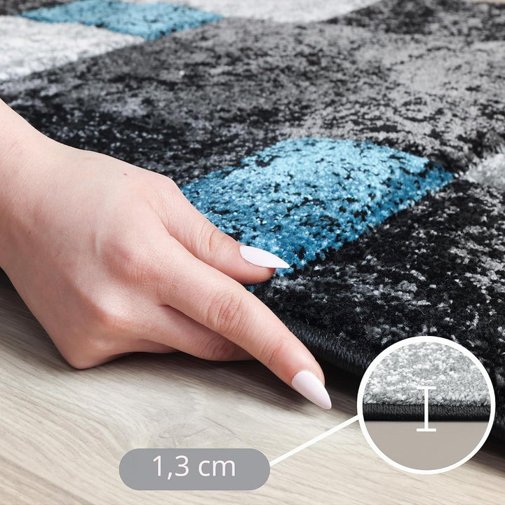 Carpetsale24 Teppich 240x340 cm XL Kurzflor Konturenschnitt in Schwarz Grau Blau Kariertes Design, E
