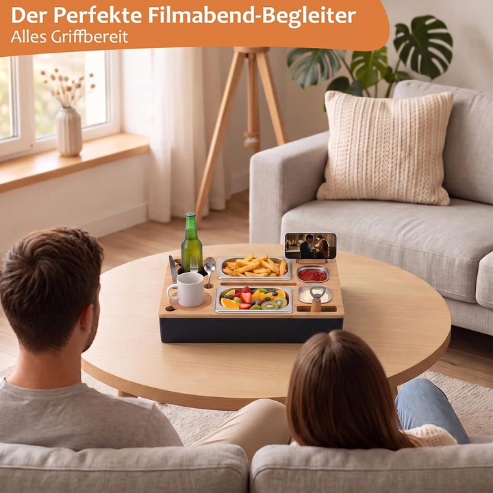 Couchbar Snackbox aus Bambus inkl. Geschenkbox, Sofa Tablett mit Snackschalen, Snack Organizer für S