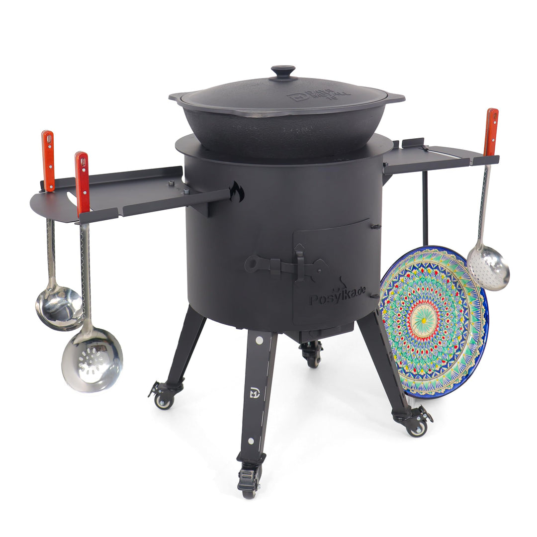 Gusseisen Kazan 16L mit Utschak Feuerofen Ø 44cm | Kasan-Set Runder Boden Deckel | Учаг Feuerschale