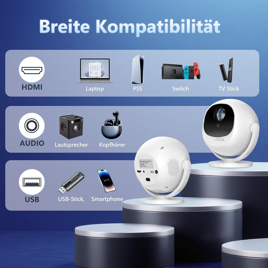 HOVVIDA Beamer 2025 Tragbarer Projektor, Elektrischer Fokus, Kompatibel mit 4K 1080P, WiFi 6 Bluetoo