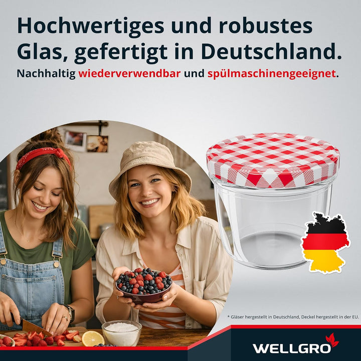 WELLGRO 50x Einmachgläser 230ml – Schraubdeckel TO82 rot kariert – Made in Germany – Vorratsgläser,
