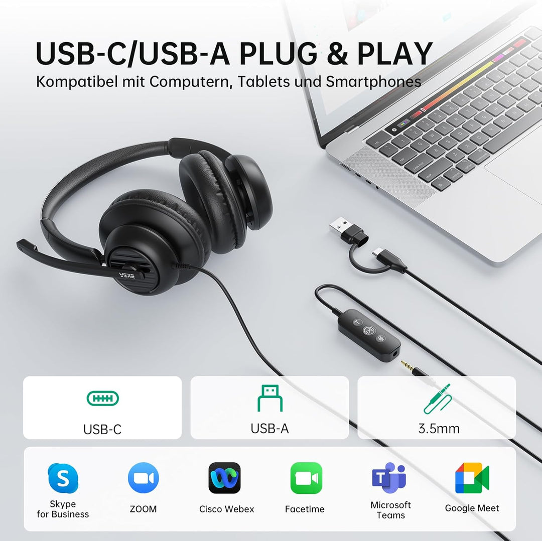 EKSA H8 PC Headset mit Mikrofon, Stereo USB Headset mit Kabel, Headset mit Geräuschunterdrückung, US
