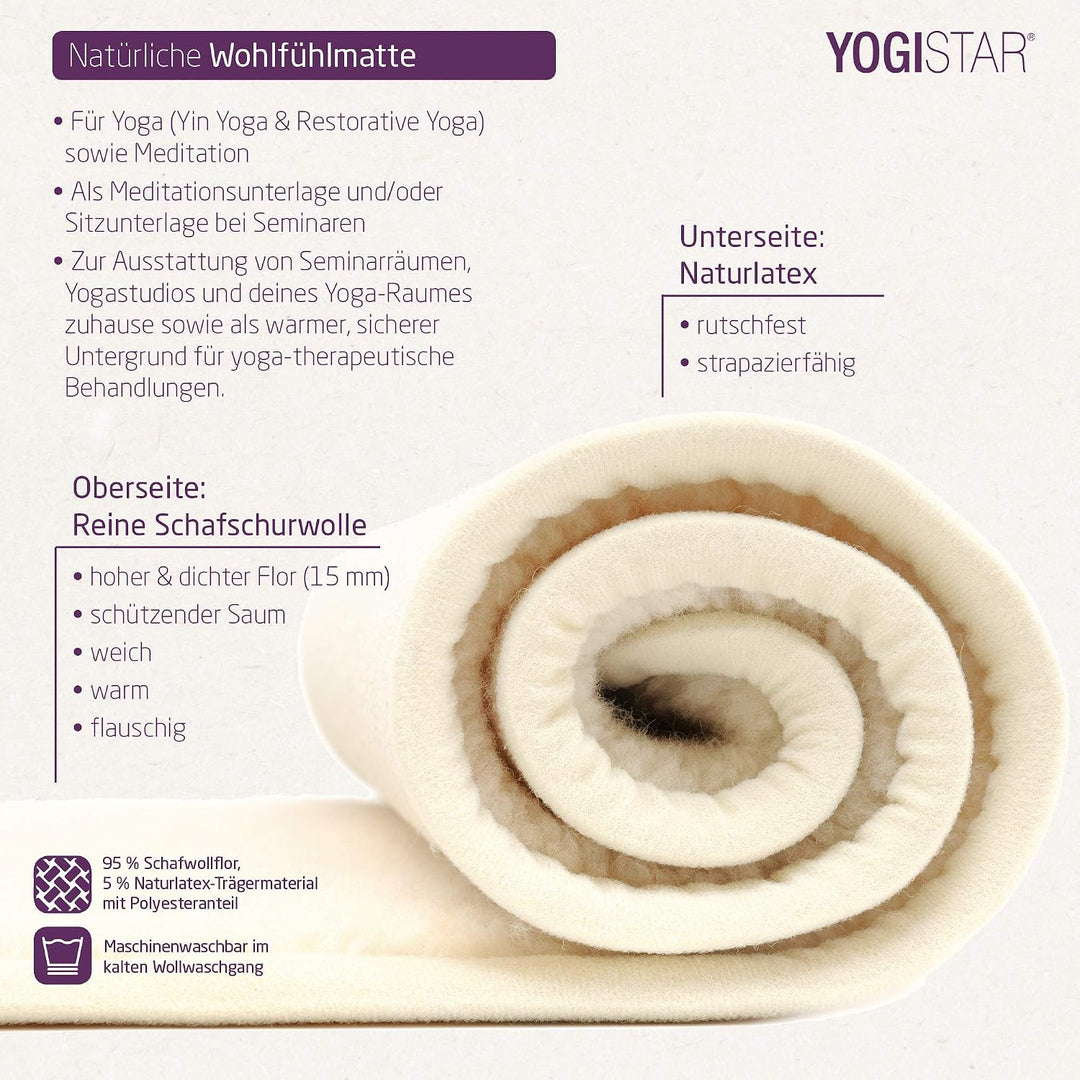 Yogistar Yogamatte yogimat® Natur - Schurwolle - umsäumt 180 x 75 x 1.5 cm, 180 x 75 x 1.5 cm
